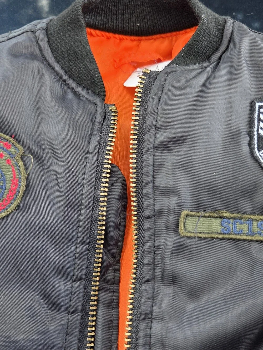 Black Bomber Jacket w/Orange Lining & Patch Details - No Size Tag, Use Measrmts